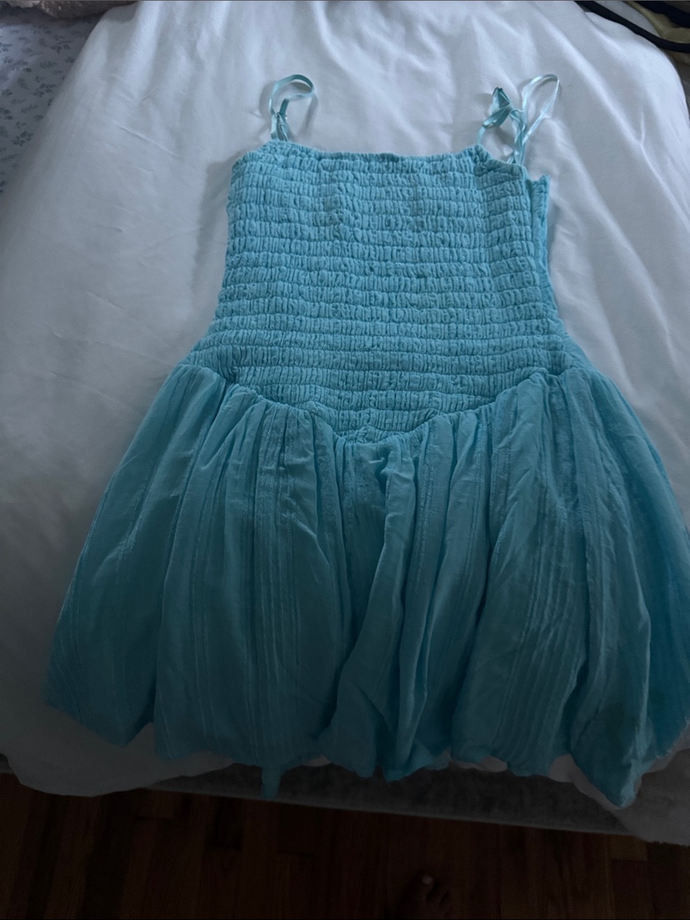 Light Blue Smocked Mini Dress with Tie Straps